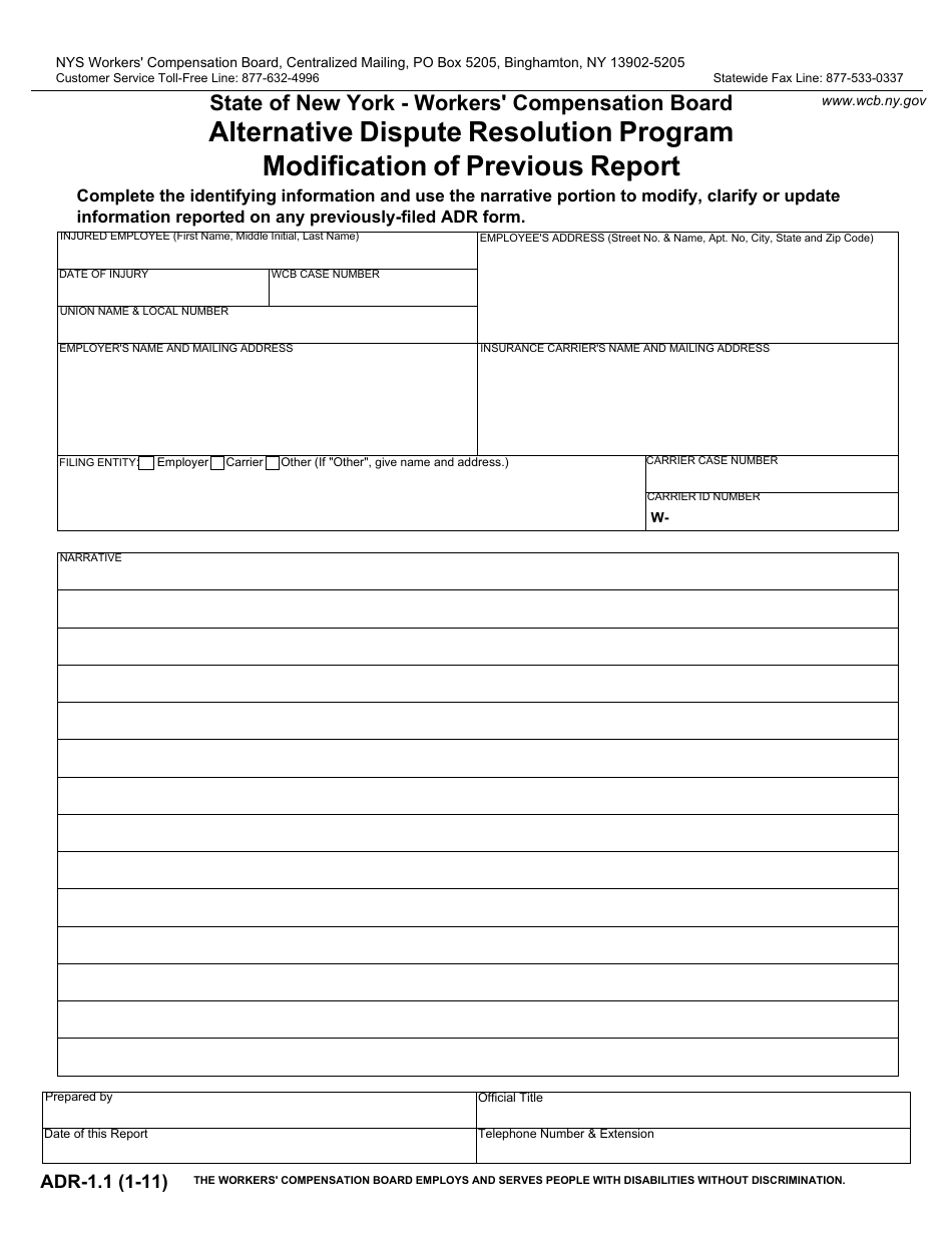 Form ADR-1.1 Alternative Dispute Resolution Program Modification of Previous Report - New York, Page 1