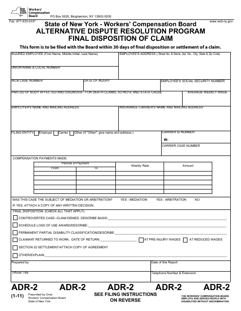 Form ADR-2 Alternative Dispute Resolution Program Final Disposition or Settlement of Claim - New York