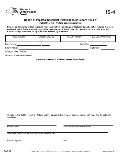 Form IS-4 Report of Impartial Specialist Examination or Record Review - New York