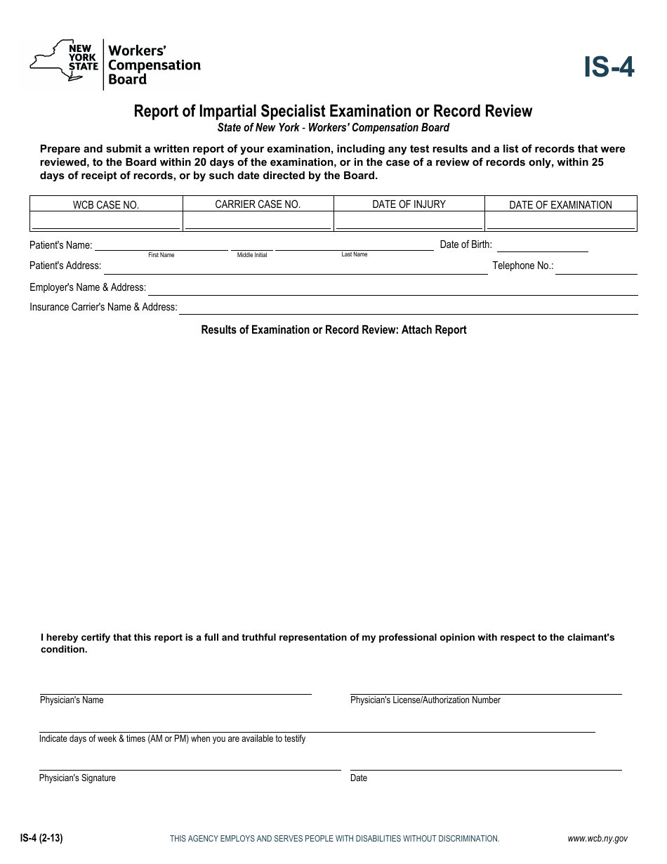 Form IS-4 Report of Impartial Specialist Examination or Record Review - New York, Page 1