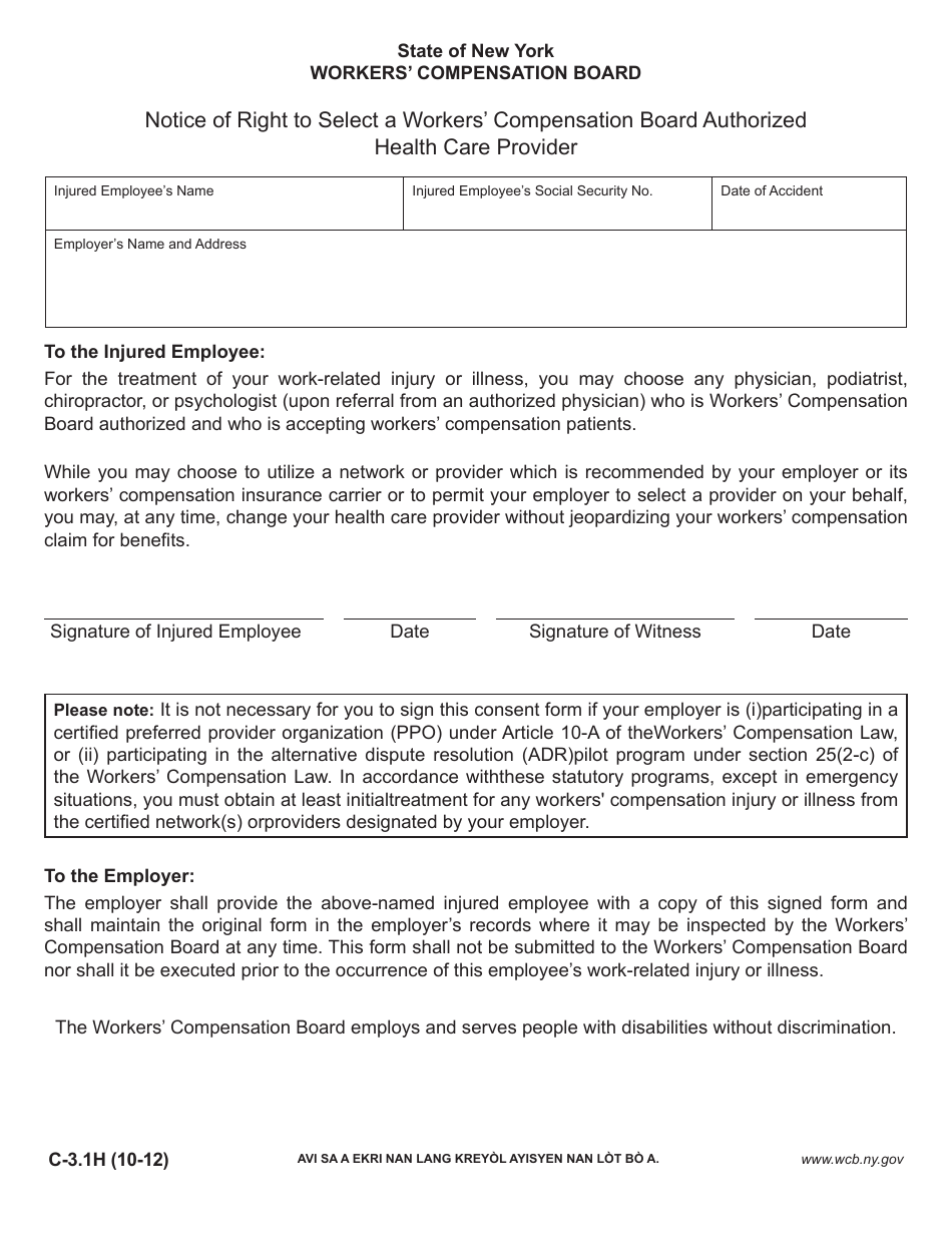 Form C-3.1H Notice of Right to Select a Workers' Compensation Board Authorized Health Care Provider - New York (English/Haitian Creole), Page 1