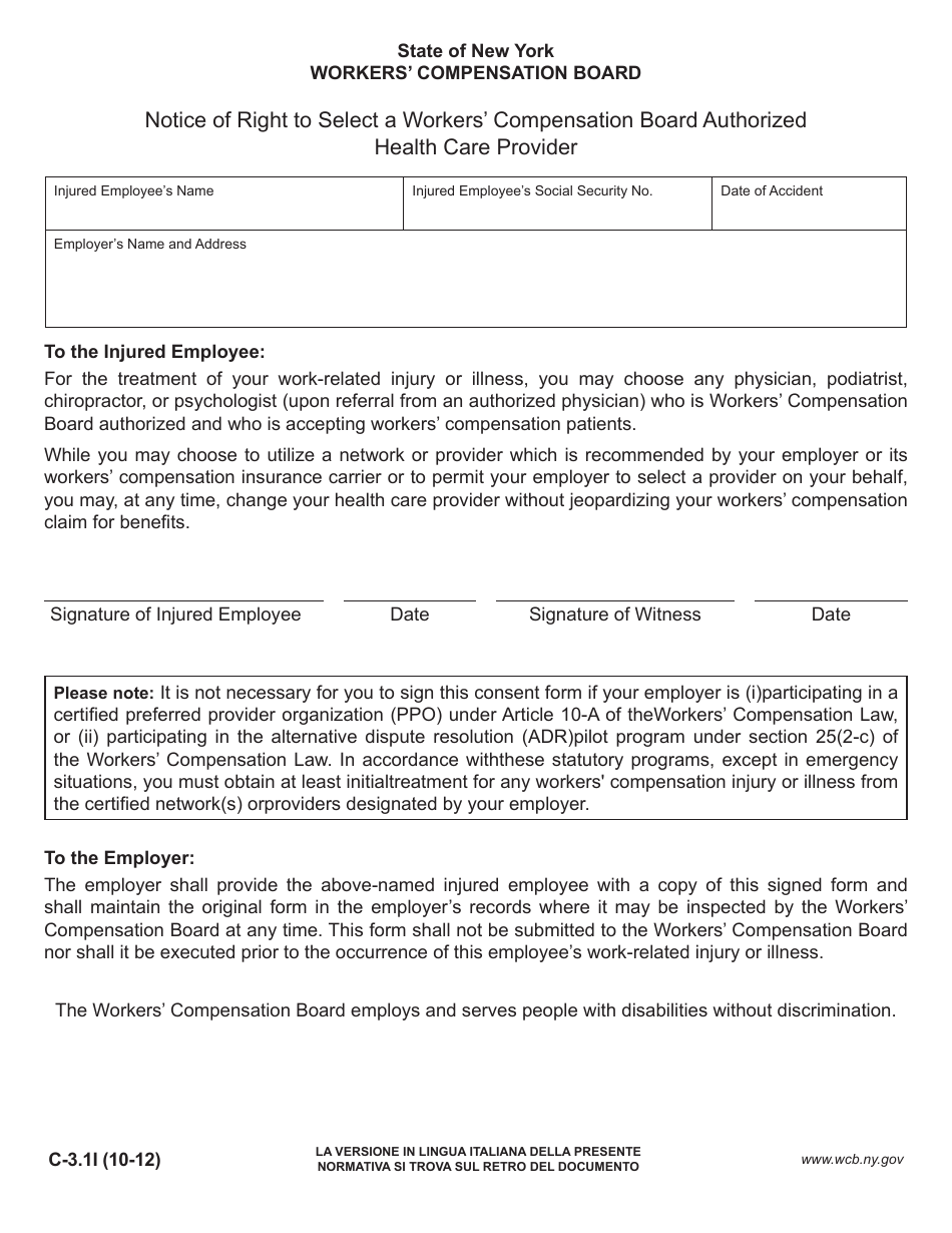 Form C-3.1I Notice of Right to Select a Workers Compensation Board Authorized Health Care Provider - New York (English / Italian), Page 1