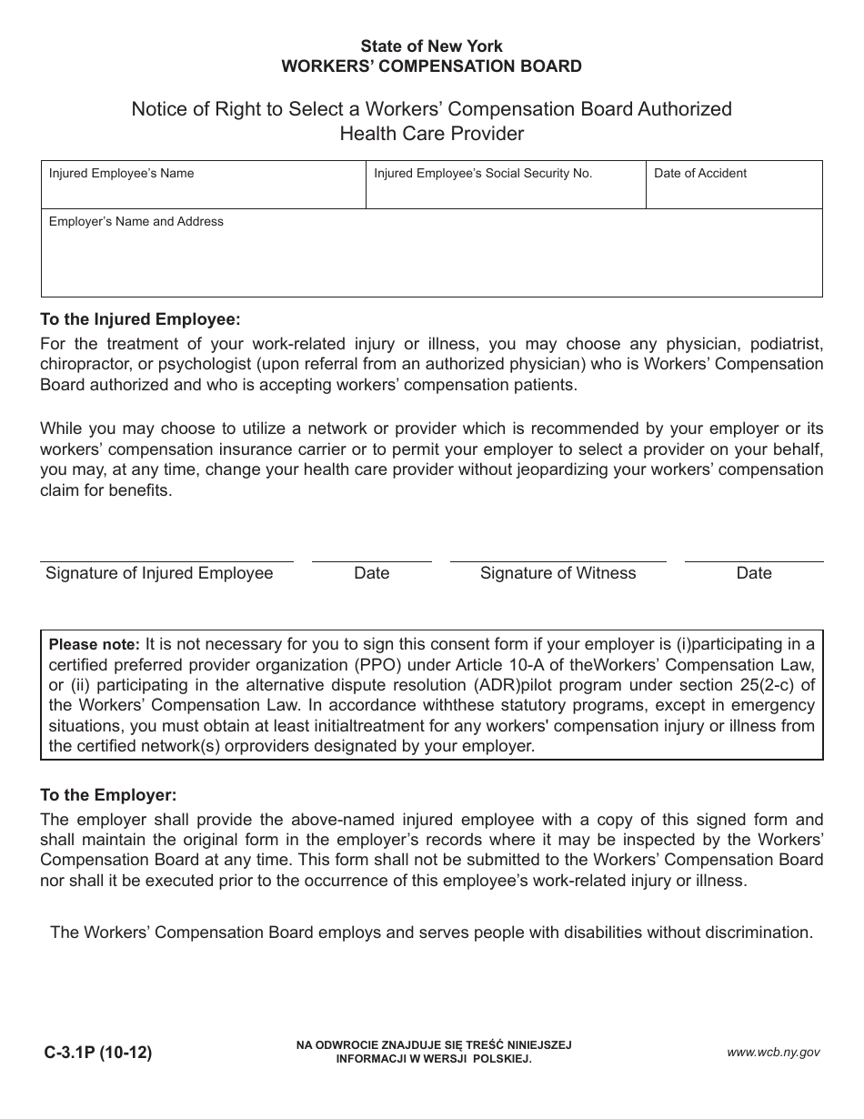 Form C-3.1P Notice of Right to Select a Workers Compensation Board Authorized Health Care Provider - New York (English / Polish), Page 1