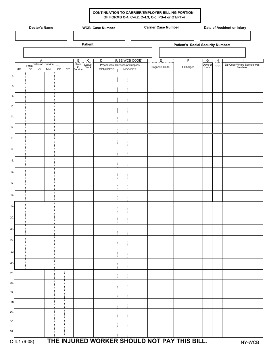 Form C-4.1 Continuation to Carrier / Employer Billing Section of Form C-4, C-4.2, C-4.3, C-5, PS-4 or Ot / Pt-4 - New York, Page 1