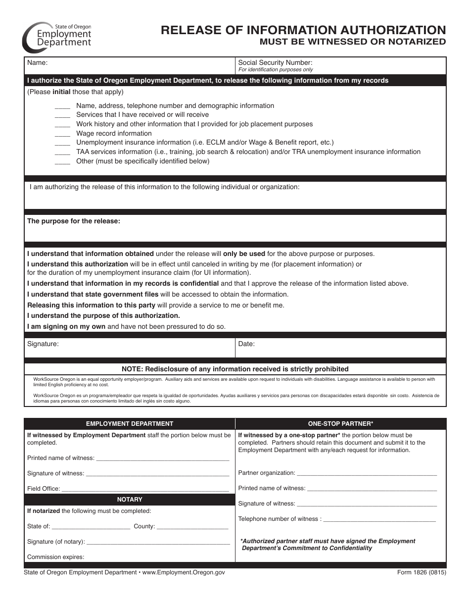 Form 1826 Release of Information Authorization - Oregon, Page 1