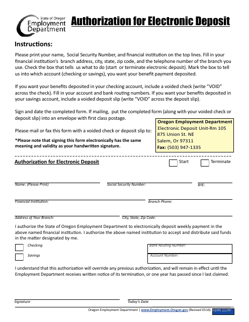 Form 117H2 Authorization for Electronic Deposit - Oregon