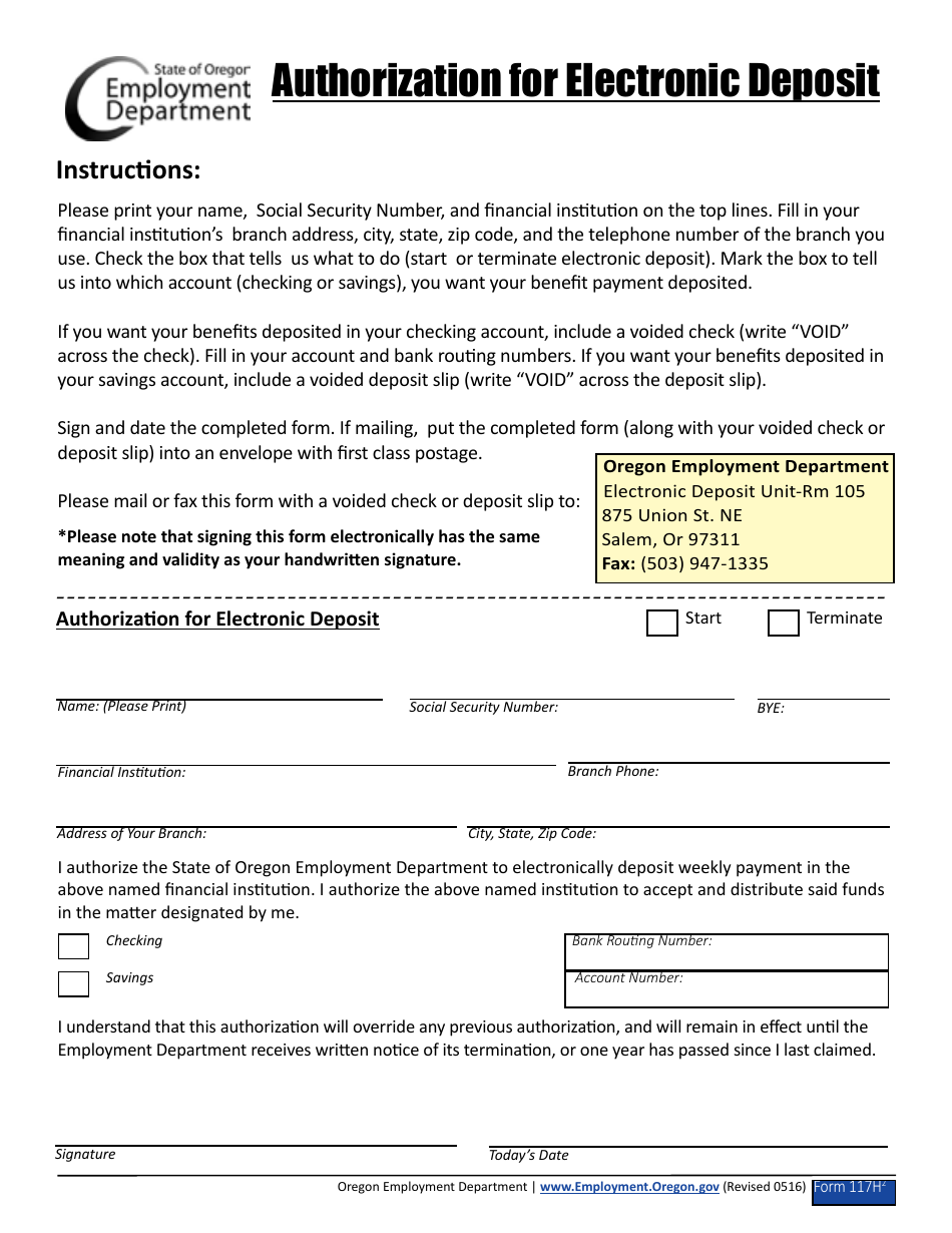 Form 117H2 Authorization for Electronic Deposit - Oregon, Page 1