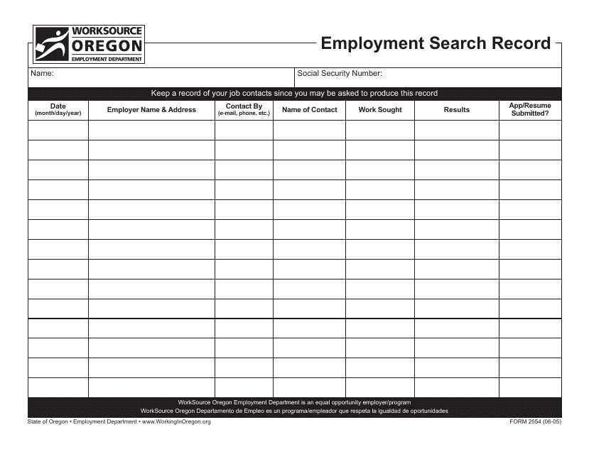 Form 2554 Employment Search Record - Oregon