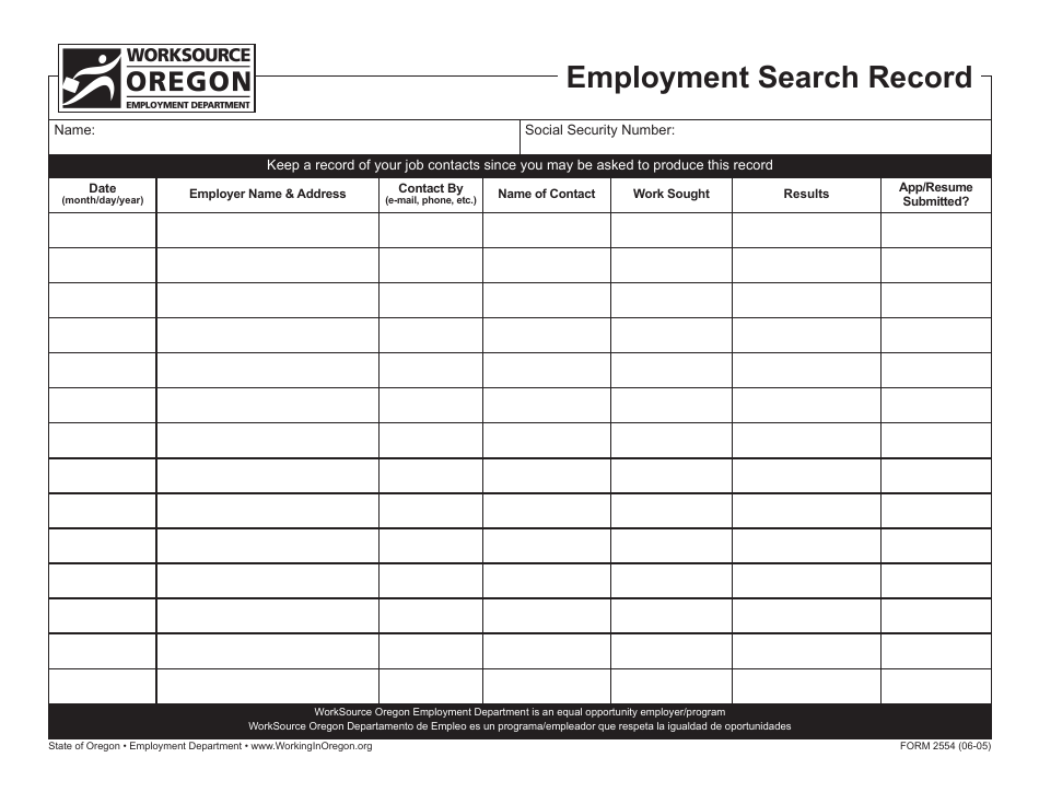 Form 2554 Employment Search Record - Oregon, Page 1