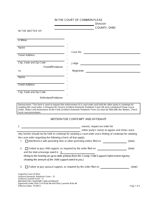 Form 21 Motion for Contempt and Affidavit - Ohio