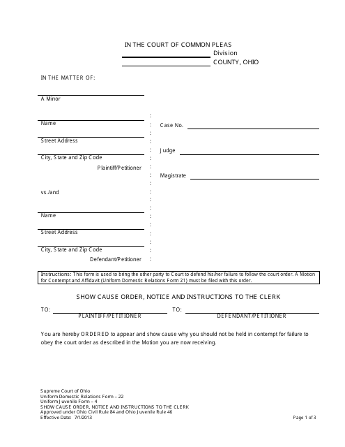 Form 22 Show Cause Order, Notice and Instructions to the Clerk - Ohio