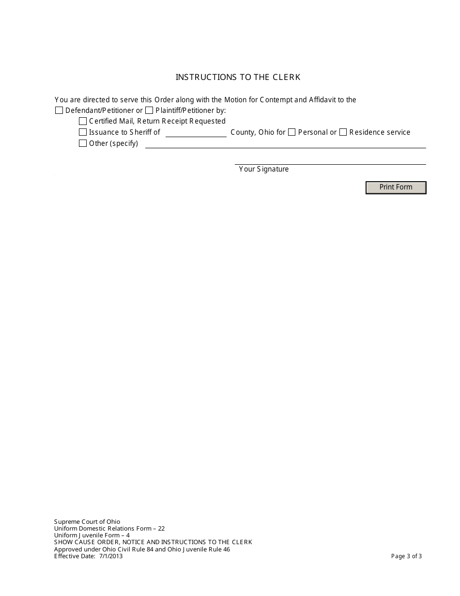 Form 22 Show Cause Order, Notice and Instructions to the Clerk - Ohio, Page 3