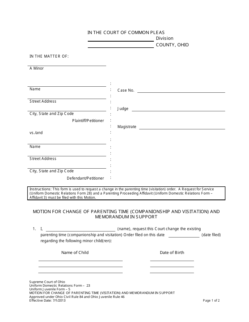 Uniform Domestic Relations Form 23 (Uniform Juvenile Form 5) Motion for Change of Parenting Time (Companionship and Visitation) and Memorandum in Support - Ohio, Page 1