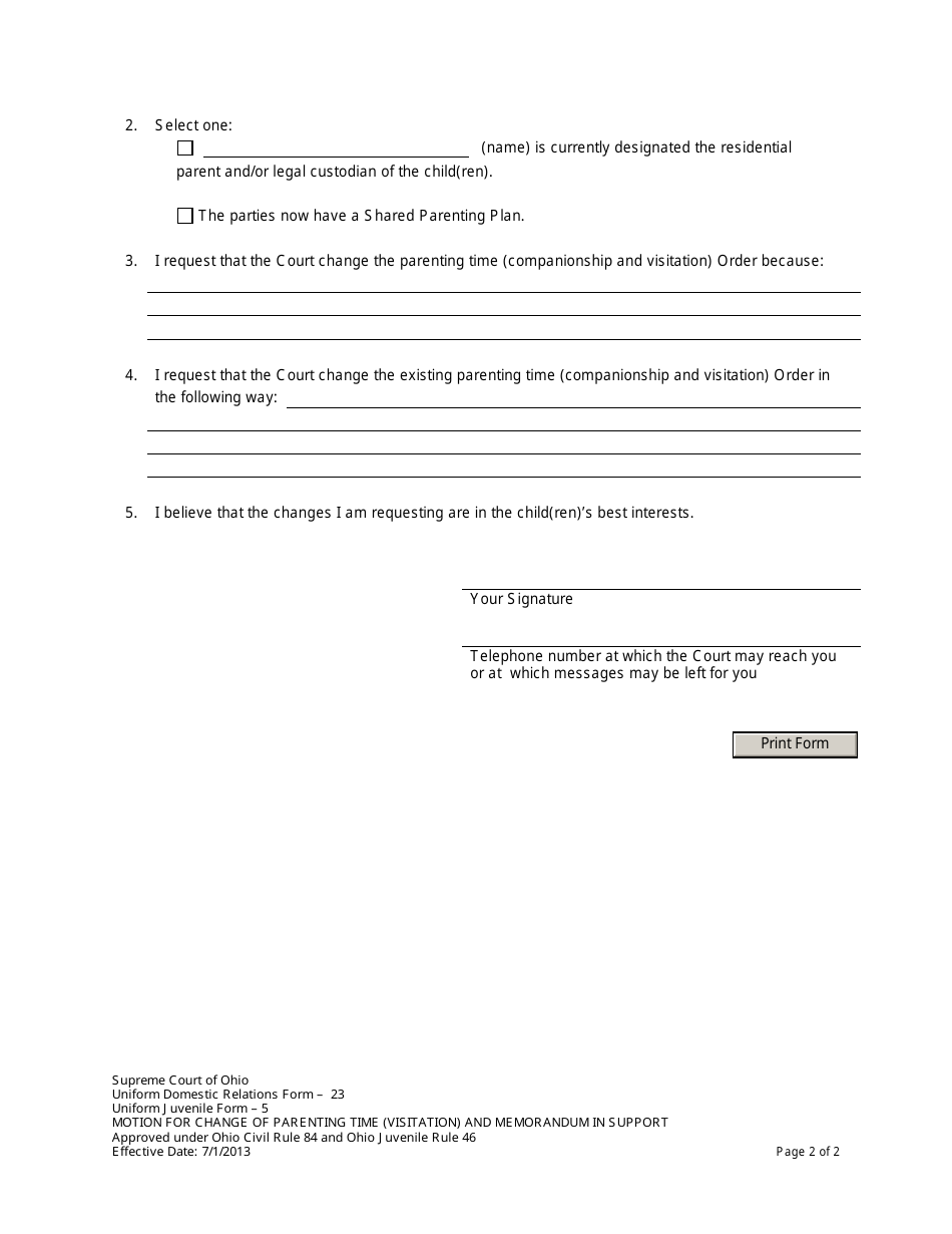 Uniform Domestic Relations Form 23 (Uniform Juvenile Form 5) Motion for Change of Parenting Time (Companionship and Visitation) and Memorandum in Support - Ohio, Page 2