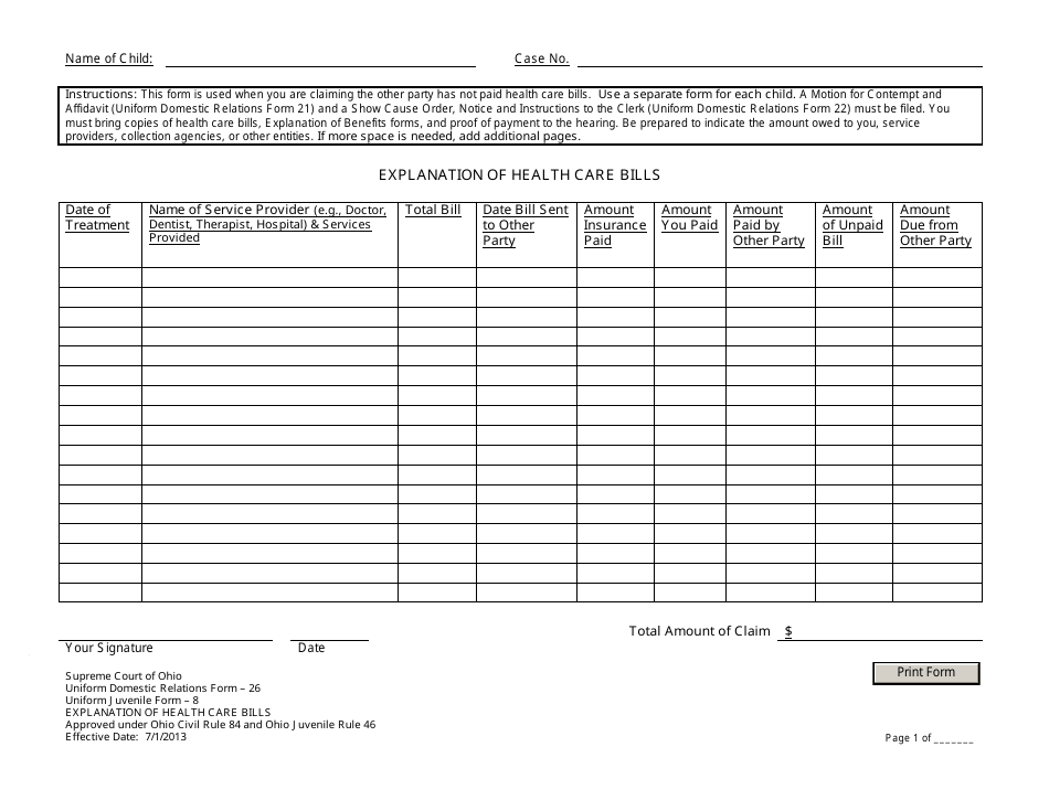 Form 26 Explanation of Health Care Bills - Ohio, Page 1