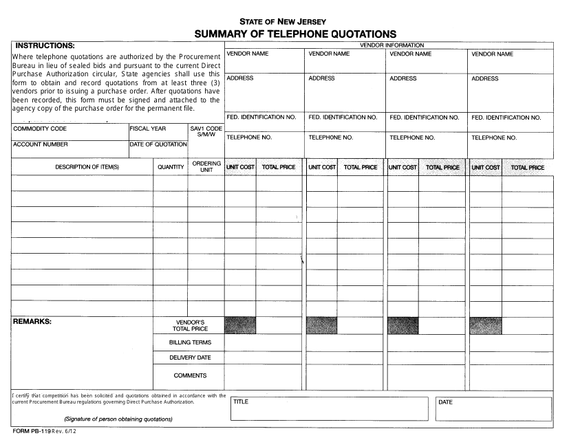 Form PB-119 Summary of Telephone Quotations - New Jersey