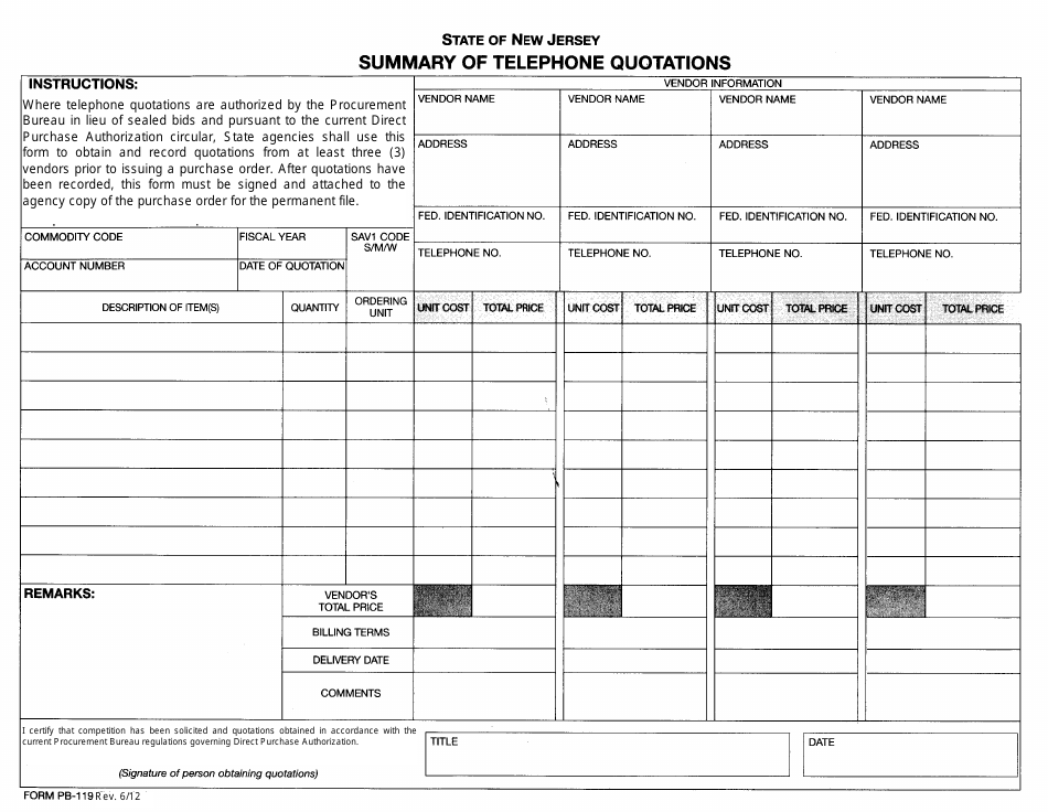 Form PB-119 Summary of Telephone Quotations - New Jersey, Page 1