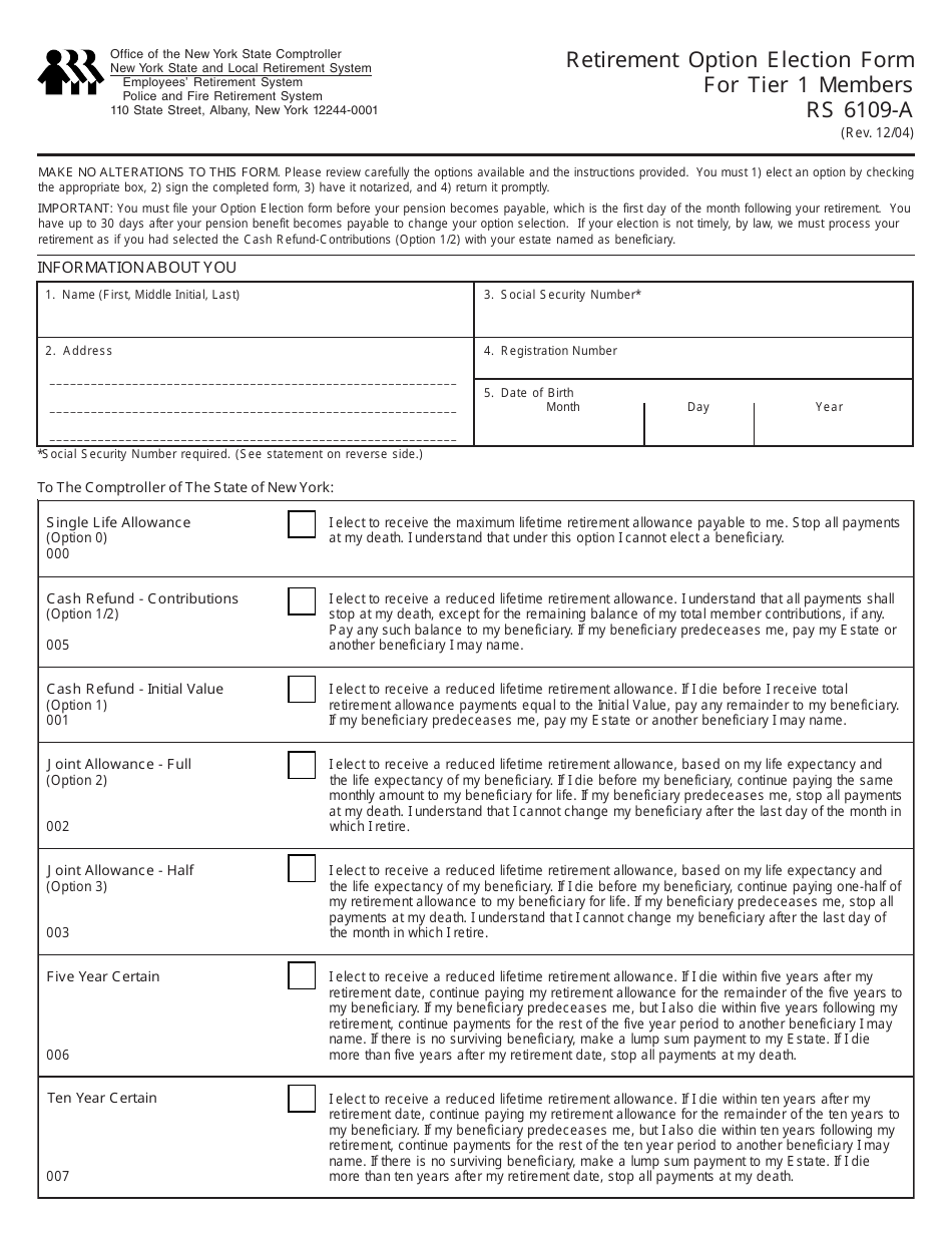 Form RS6109-A Retirement Option Election Form for Tier 1 Members - New York, Page 1