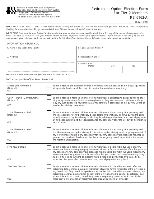 Form RS6163-A Retirement Option Election Form for Tier 2 Members - New York