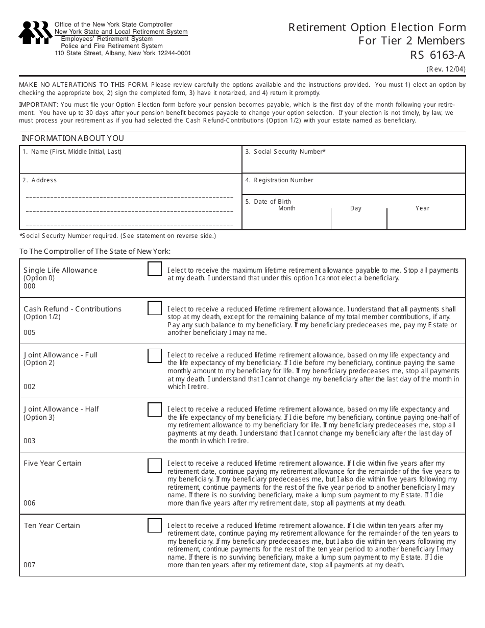 Form RS6163-A Retirement Option Election Form for Tier 2 Members - New York, Page 1
