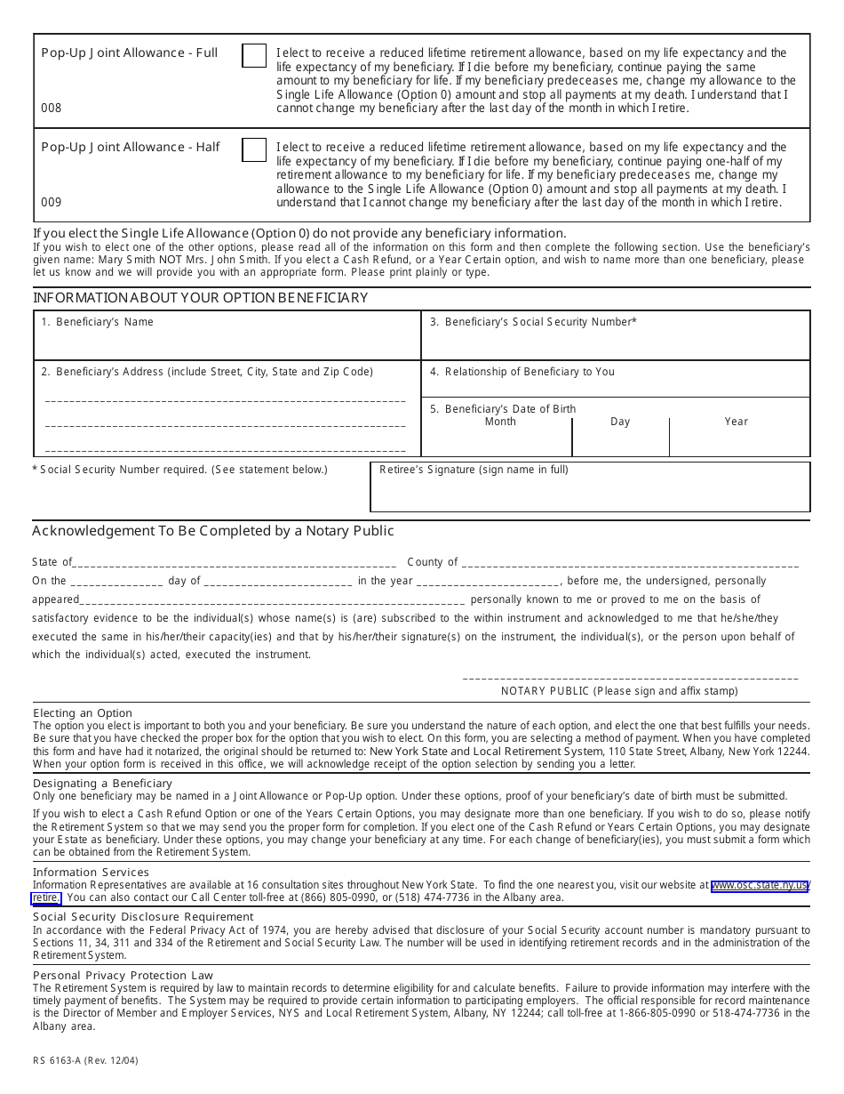 Form RS6163-A Retirement Option Election Form for Tier 2 Members - New York, Page 2
