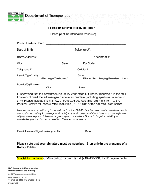 Never Received Permit Form - New York City Download Pdf