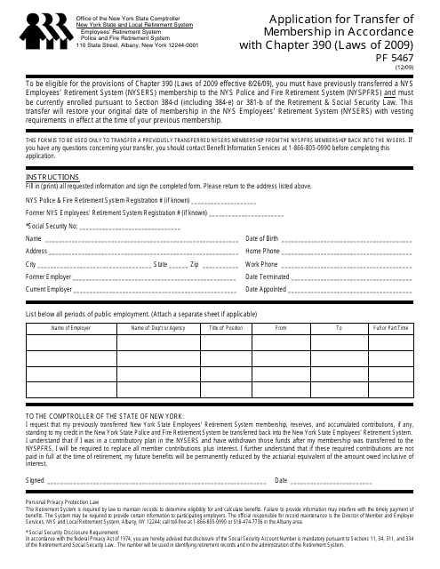 Form PF5467 Application for Transfer of Membership in Accordance With Chapter 390 (Laws of 2009) - New York