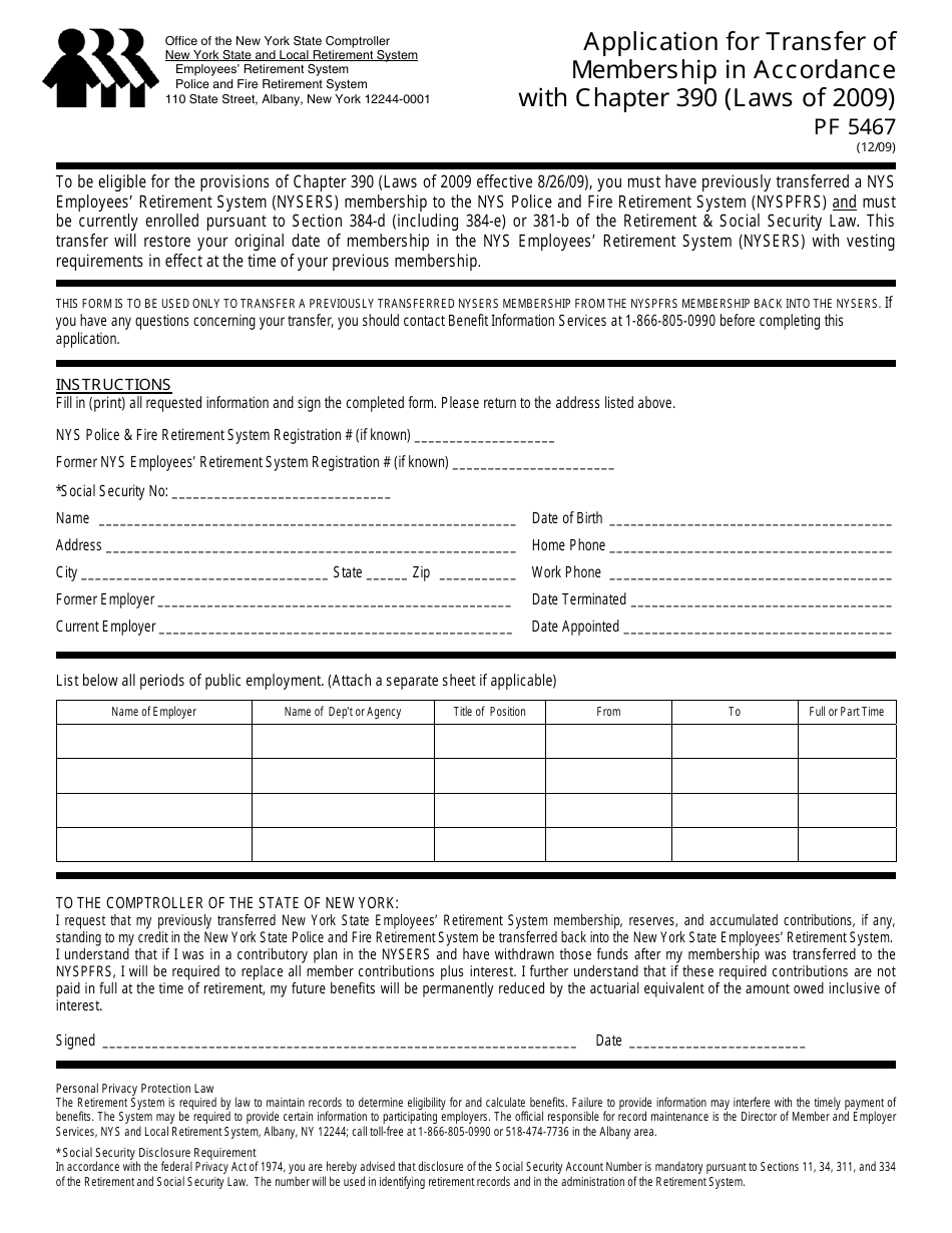 Form PF5467 Application for Transfer of Membership in Accordance With Chapter 390 (Laws of 2009) - New York, Page 1