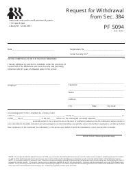 Document preview: Form PF5094 Request for Withdrawal From SEC. 384 - New York