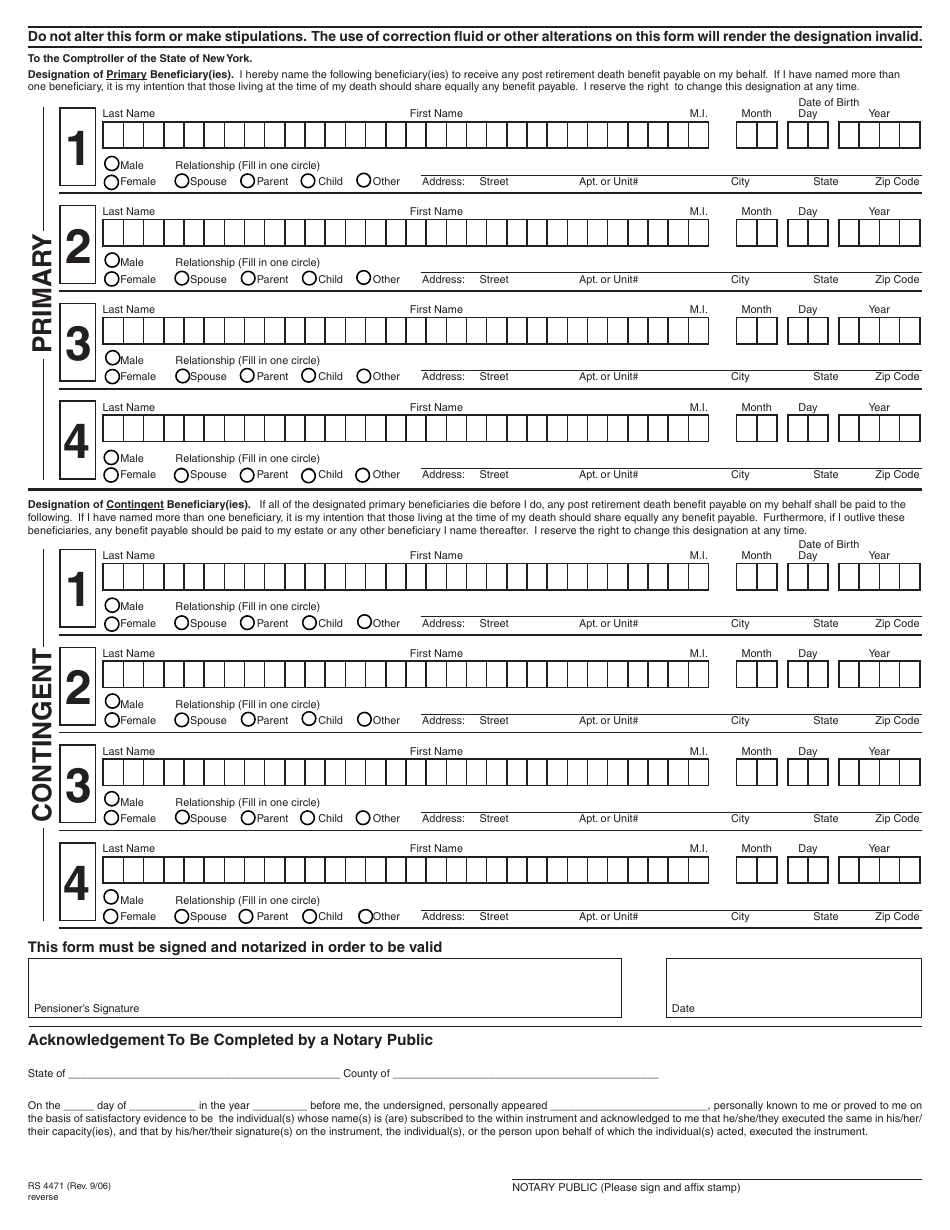 Form RS4471 Tier 2 / 3 / 4 Post Retirement Death Benefit Two Designation of Beneficiaries - New York, Page 2