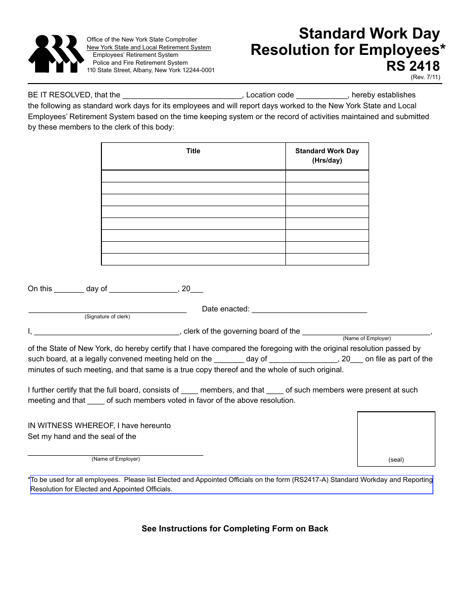 Form RS2418 Standard Work Day Resolution for Employees - New York, Page 1