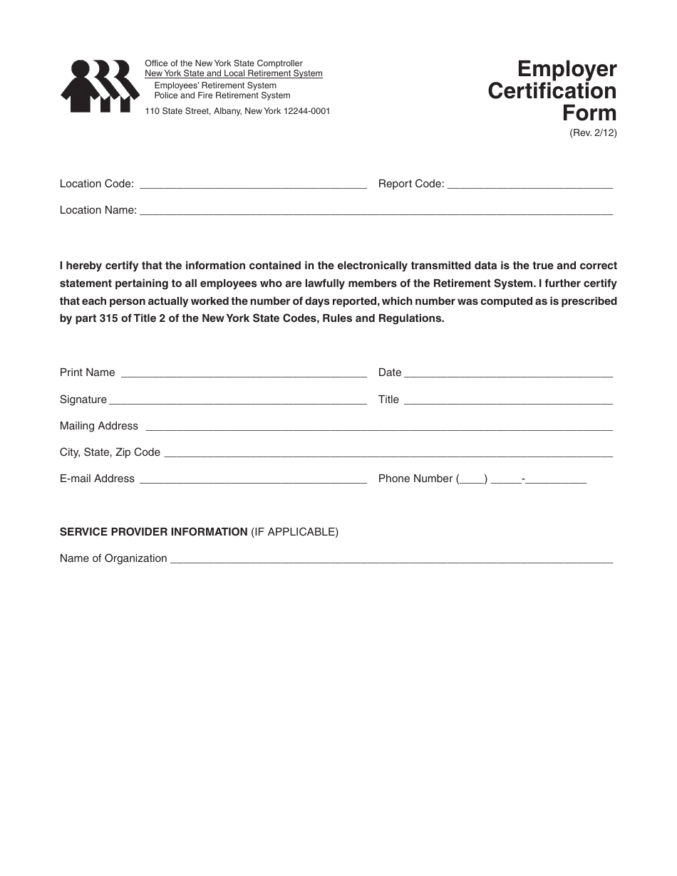 Employer Certification Form - New York, Page 1