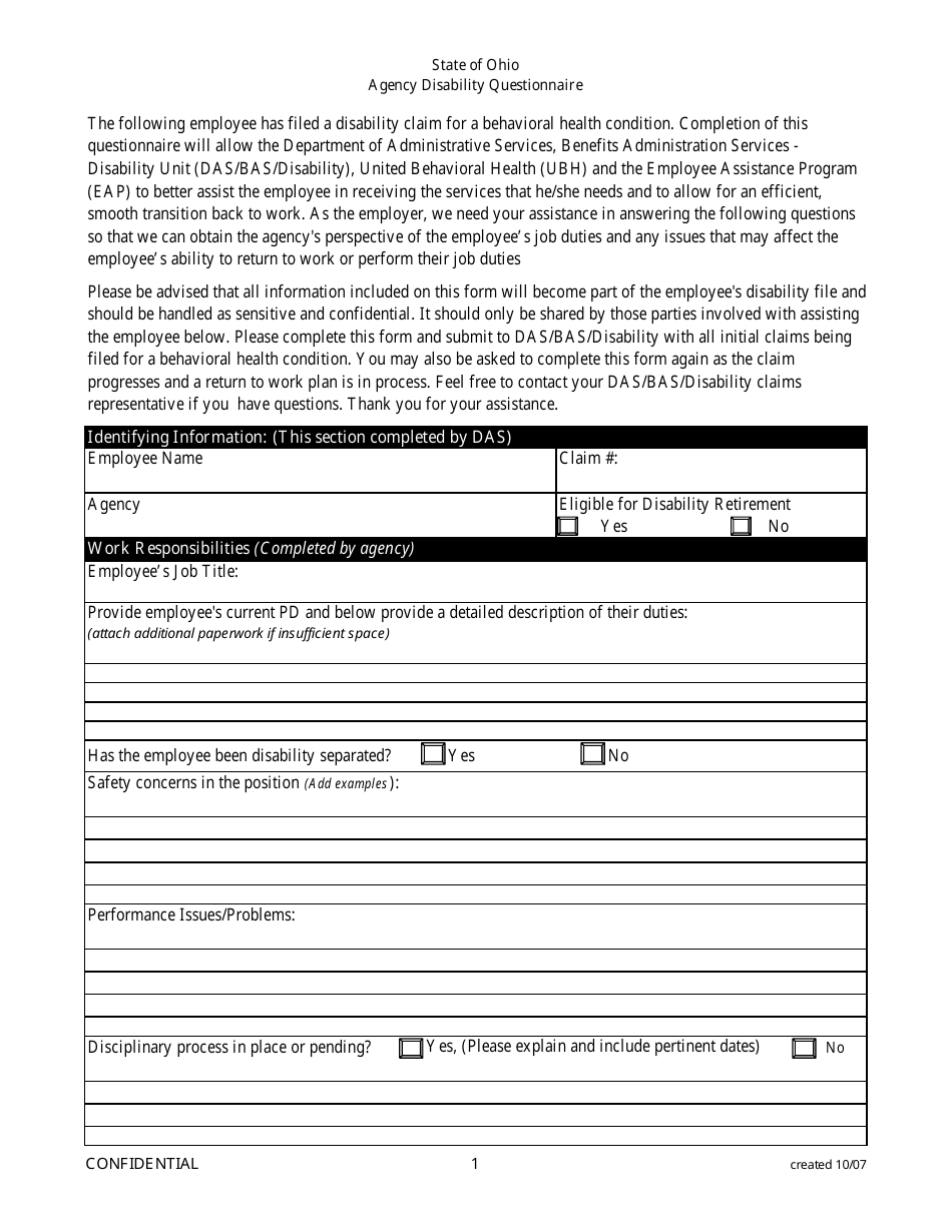 Agency Disability Questionnaire - Ohio, Page 1