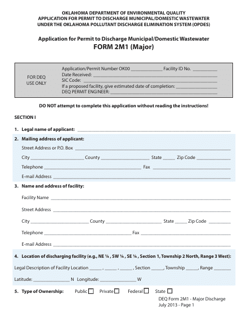 DEQ Form 2M1 Application for Permit to Discharge Municipal/Domestic Wastewater - Oklahoma