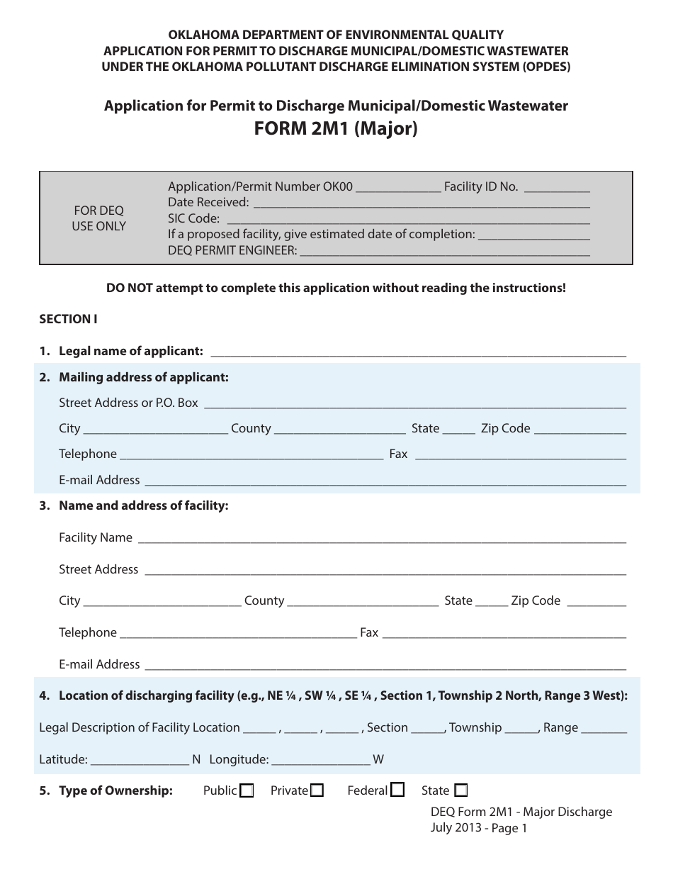DEQ Form 2M1 Application for Permit to Discharge Municipal / Domestic Wastewater - Oklahoma, Page 1