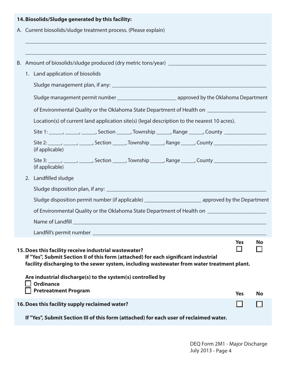 DEQ Form 2M1 Application for Permit to Discharge Municipal / Domestic Wastewater - Oklahoma, Page 4