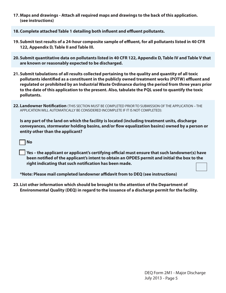 DEQ Form 2M1 Application for Permit to Discharge Municipal / Domestic Wastewater - Oklahoma, Page 5