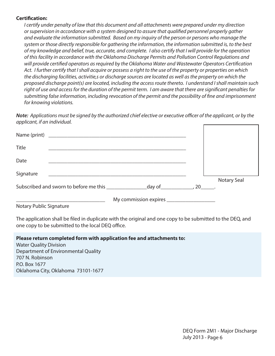 DEQ Form 2M1 Application for Permit to Discharge Municipal / Domestic Wastewater - Oklahoma, Page 6