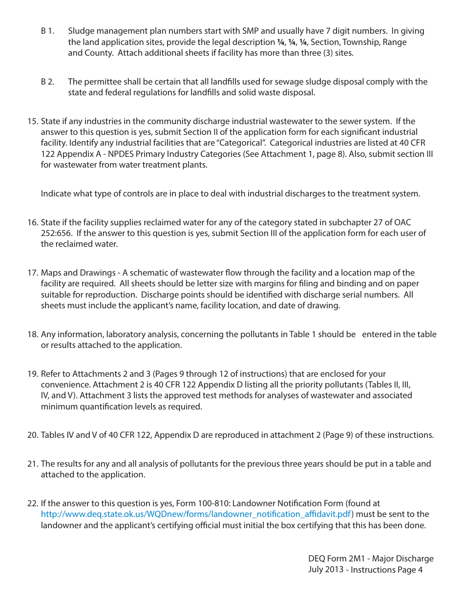 Instructions for DEQ Form 2M1 Application for Permit to Discharge Municipal / Domestic Wastewater - Oklahoma, Page 4