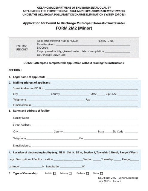 DEQ Form 2M2 Application for Permit to Discharge Municipal/Domestic Wastewater - Oklahoma