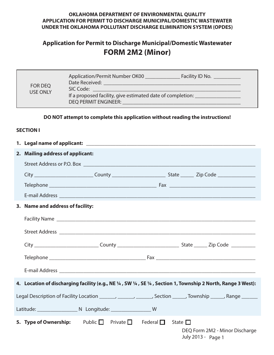 DEQ Form 2M2 Application for Permit to Discharge Municipal / Domestic Wastewater - Oklahoma, Page 1