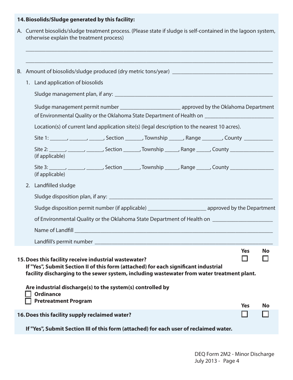 DEQ Form 2M2 Application for Permit to Discharge Municipal / Domestic Wastewater - Oklahoma, Page 4