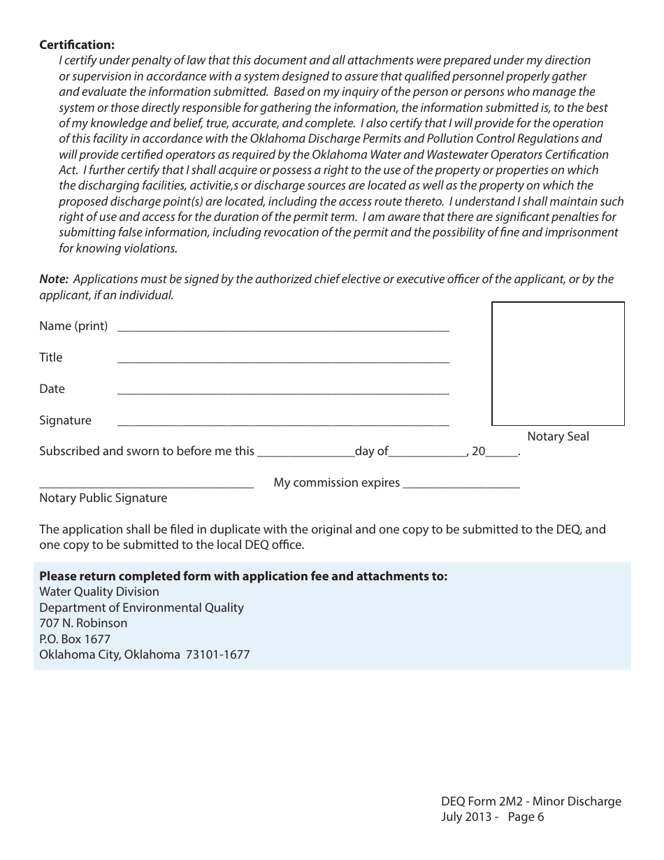 DEQ Form 2M2 Application for Permit to Discharge Municipal / Domestic Wastewater - Oklahoma, Page 6