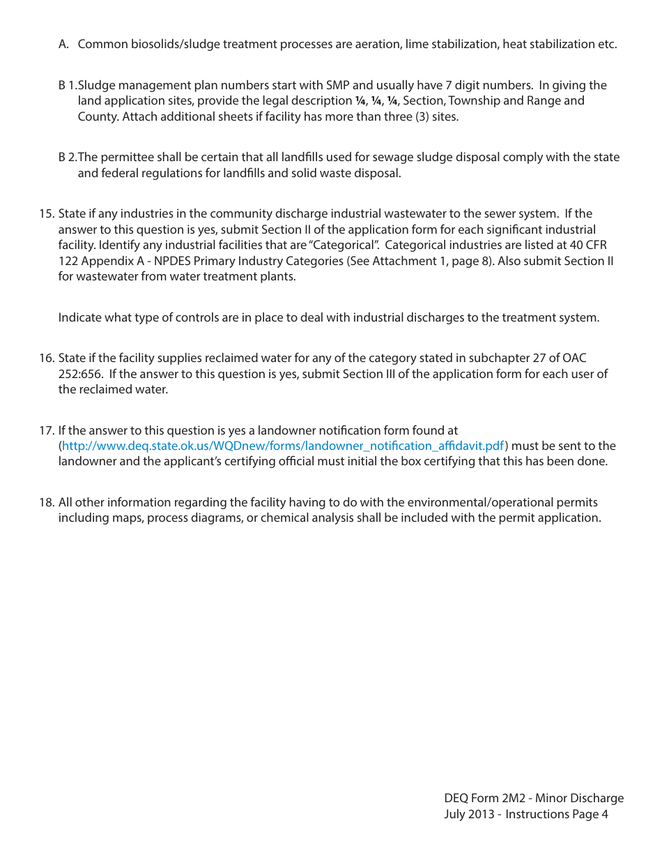 Instructions for DEQ Form 2M2 Application for Permit to Discharge Municipal / Domestic Wastewater - Oklahoma, Page 4