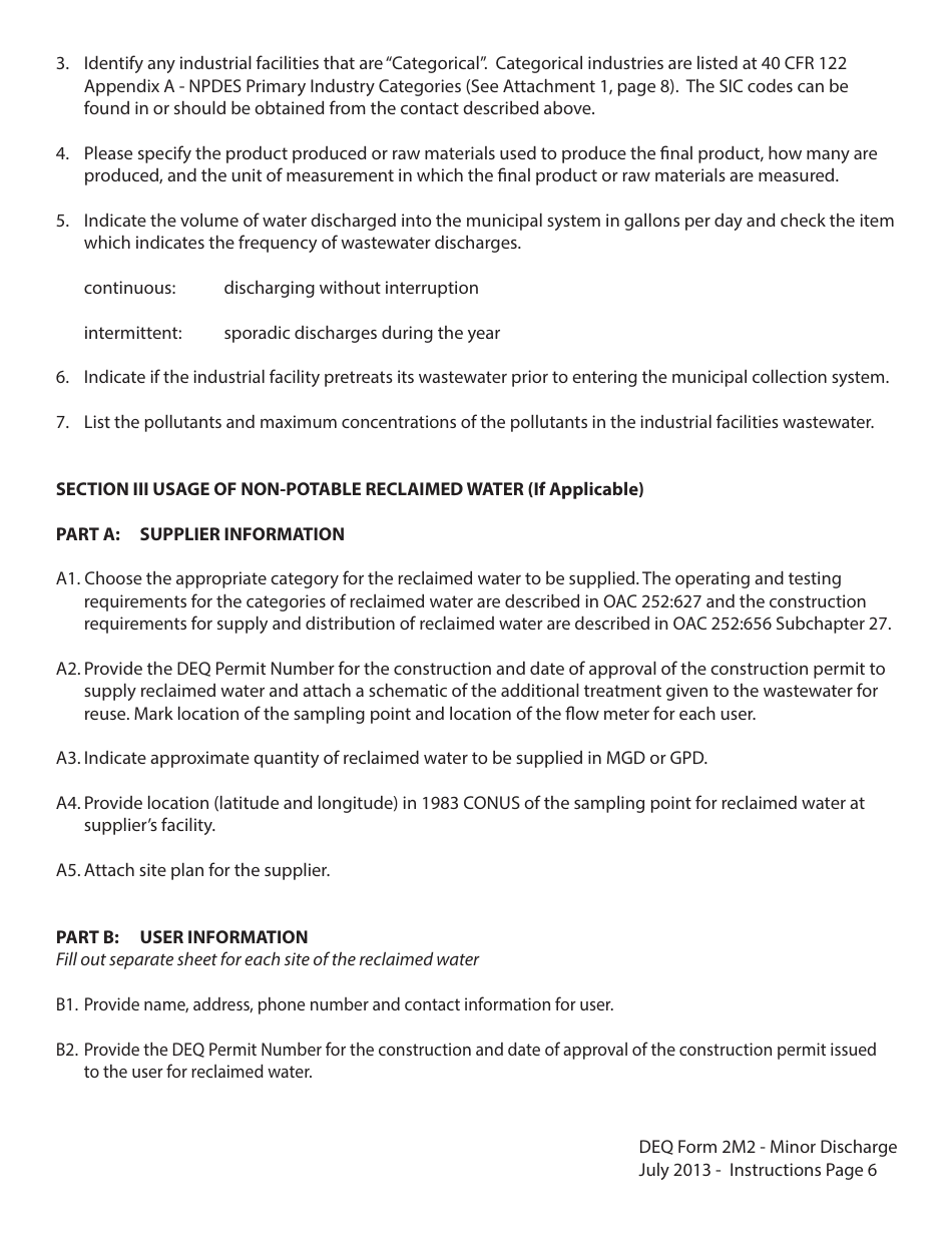Instructions for DEQ Form 2M2 Application for Permit to Discharge Municipal / Domestic Wastewater - Oklahoma, Page 6