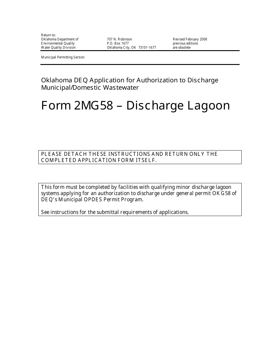 DEQ Form 2MG58 Discharge Lagoon General Permit Application - Oklahoma, Page 1