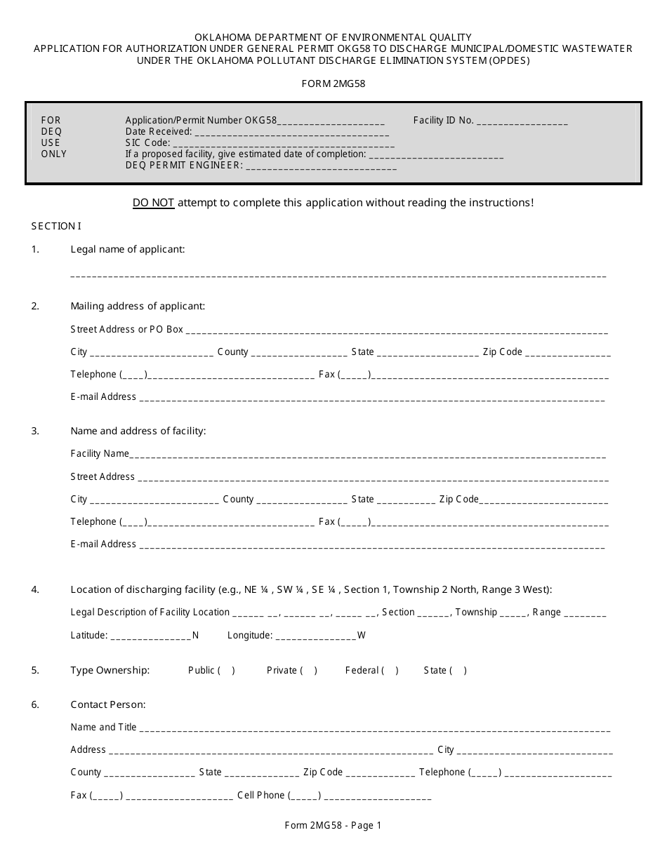 DEQ Form 2MG58 Discharge Lagoon General Permit Application - Oklahoma, Page 7