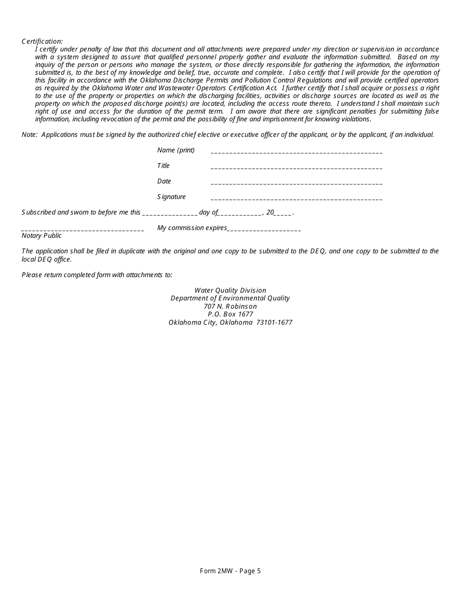 DEQ Form 2MW Application for Authorization Under General Permit Okg38 to Discharge Filter Backwash Wastewater Under the Oklahoma Pollutant Discharge Elimination System (Opdes) - Oklahoma, Page 10