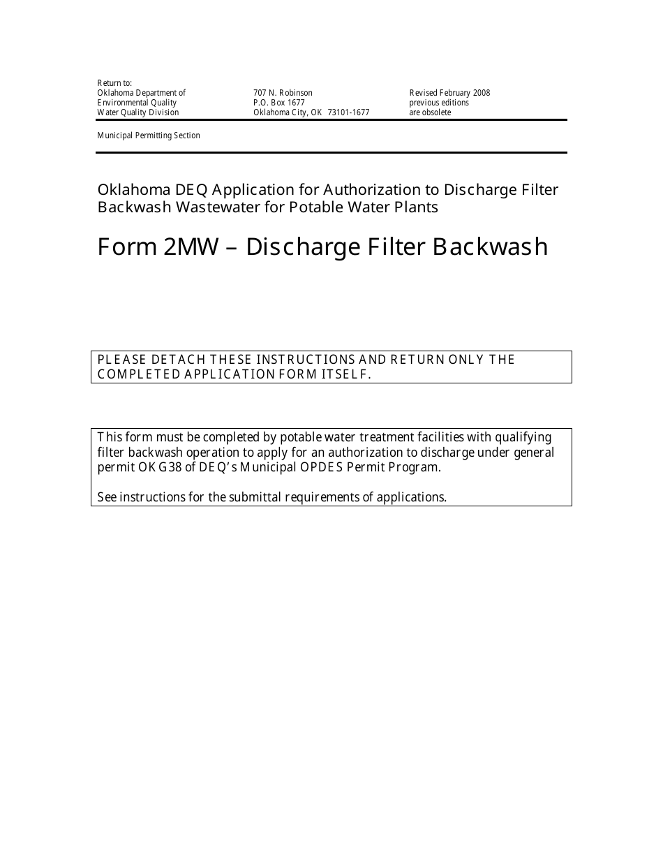 DEQ Form 2MW Application for Authorization Under General Permit Okg38 to Discharge Filter Backwash Wastewater Under the Oklahoma Pollutant Discharge Elimination System (Opdes) - Oklahoma, Page 1