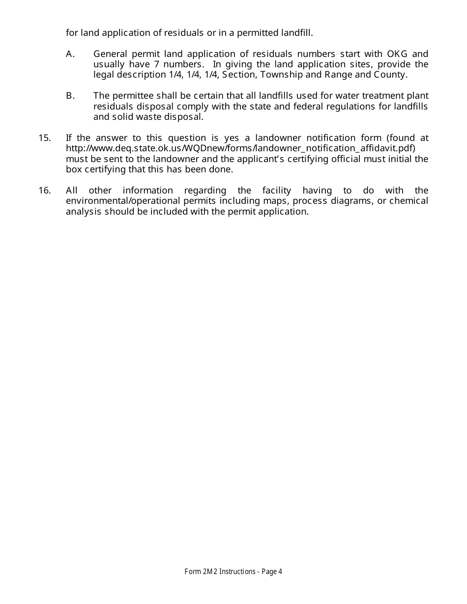 DEQ Form 2MW Application for Authorization Under General Permit Okg38 to Discharge Filter Backwash Wastewater Under the Oklahoma Pollutant Discharge Elimination System (Opdes) - Oklahoma, Page 4